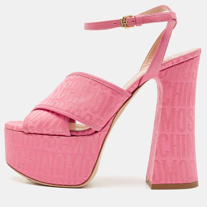 Moschino Pink Fabric Logo Cross Strap Platform Sandals Size 37