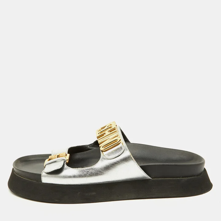 Moschino Silver Leather Logo Buckle Detail Chunky Slide Sandals Size 39