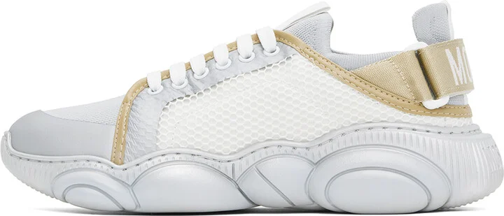 Moschino Silver & White Logo Tape Teddy Sneakers - Image 3