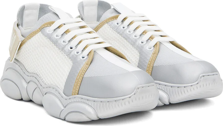 Moschino Silver & White Logo Tape Teddy Sneakers - Image 4