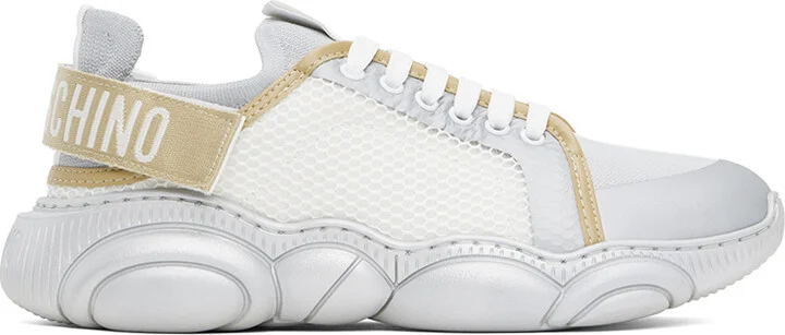 Moschino Silver & White Logo Tape Teddy Sneakers