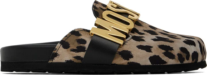 Moschino Tan & Black Leopard Logo Mules