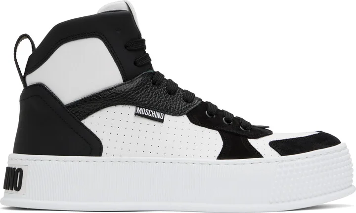 Moschino White & Black Bumps & Stripes High-Top Sneakers