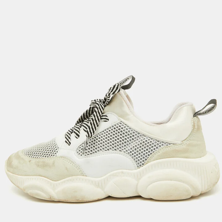 Moschino White Leather and Mesh Teddy Run Low Top Sneakers Size 37