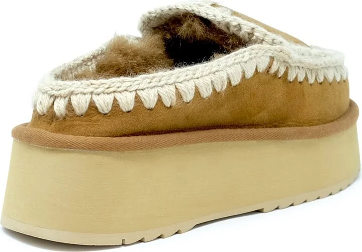 Mou Cognac Eskimo Leather Wool Rubber Platform Clog - Image 3