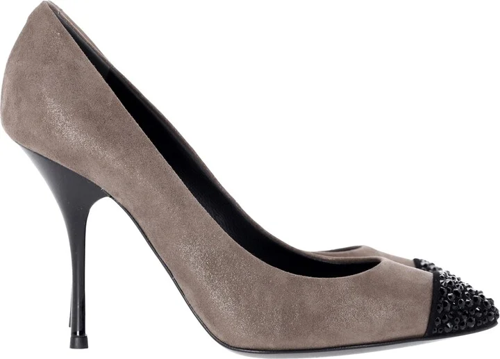 Muffa Crystal Embellished Cap Toe Pumps in Metallic Brown Suede
