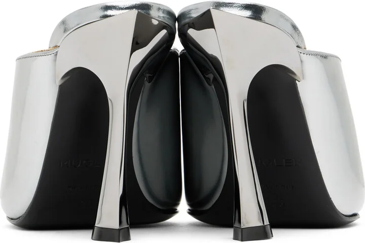 Mugler Silver Metallic Leather Fang 95 Mules - Image 2