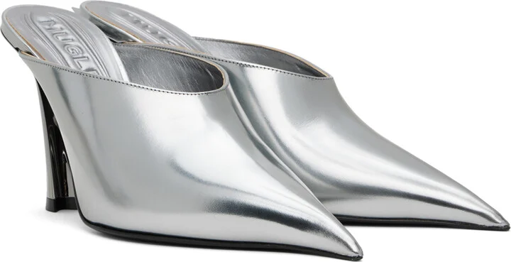 Mugler Silver Metallic Leather Fang 95 Mules - Image 4