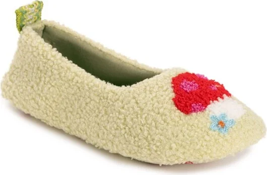 Muk Luks Women's Travel Ballerina Slipper with Patch, Lime Mushroom, L (9-10)