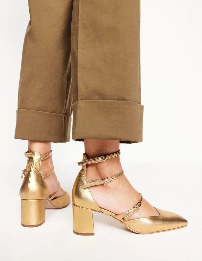 Multi Strap Block Heel Pump, Gold - Image 2