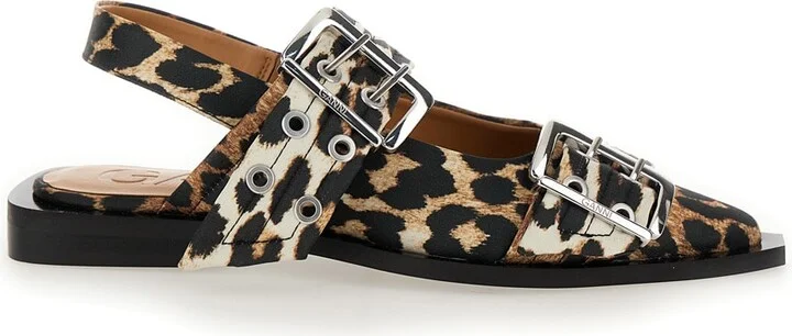 Multicolor Ballet Shoes With Double Buckle And All-over Leopard Print In Tech Fabric Woman