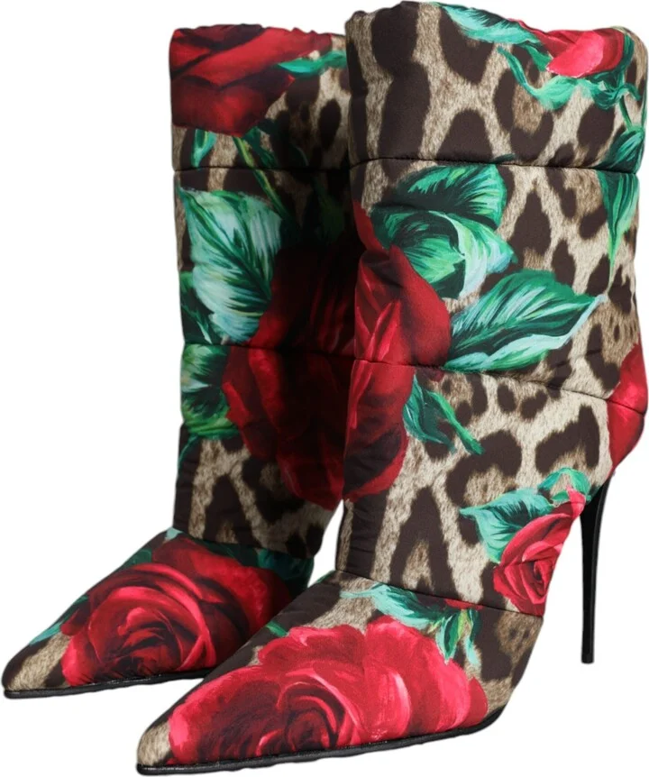 Multicolor Leopard Rose Mid Calf Boots Women's Shoes - Image 3