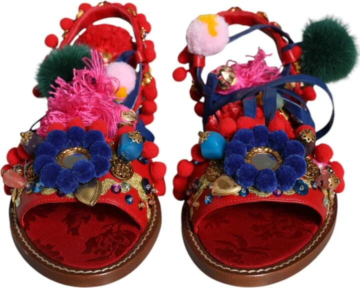 Multicolor Pom Pom Fur Wrap Sandals Women's Shoes - Image 2