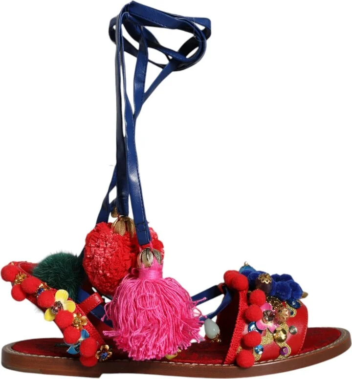 Multicolor Pom Pom Fur Wrap Sandals Women's Shoes