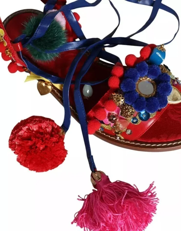 Multicolor Pom Pom Fur Wrap Sandals Women's Shoes (Pre-Owned) - Image 4