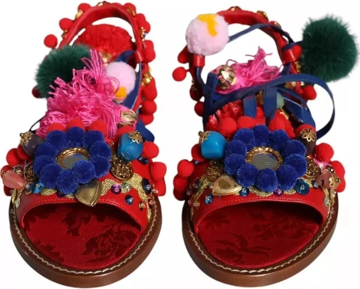 Multicolor Pom Pom Fur Wrap Sandals Women's Shoes (Pre-Owned) - Image 5