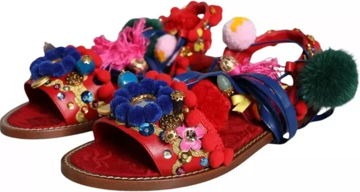 Multicolor Pom Pom Fur Wrap Sandals Women's Shoes (Pre-Owned) - Image 6