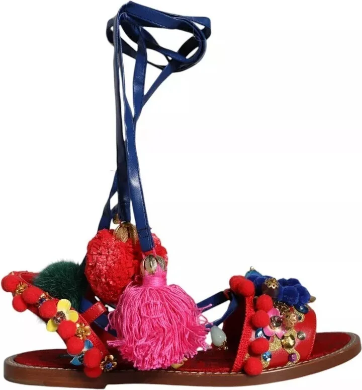 Multicolor Pom Pom Fur Wrap Sandals Women's Shoes (Pre-Owned)