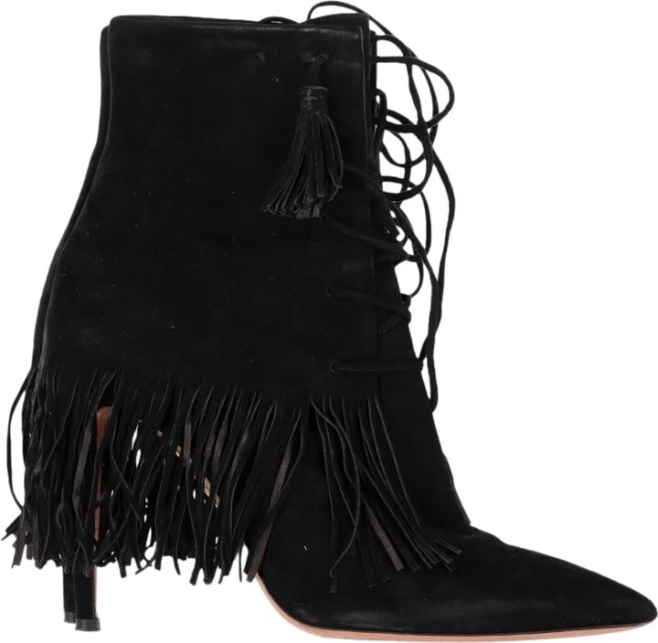 Mustang 105 Fringe Heeled Ankle Boots in Black Suede