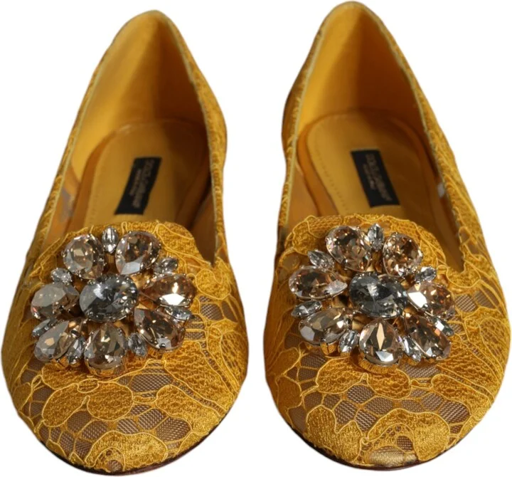 Mustard Lace Crystal Ballet Flats Loafer Women's Shoes - Image 2