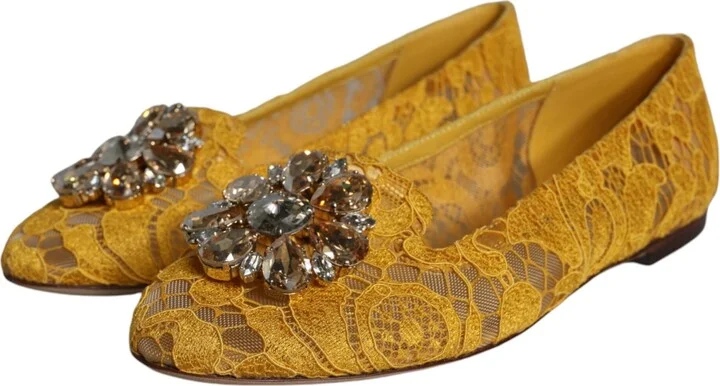 Mustard Lace Crystal Ballet Flats Loafer Women's Shoes - Image 3