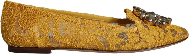 Mustard Lace Crystal Ballet Flats Loafer Women's Shoes