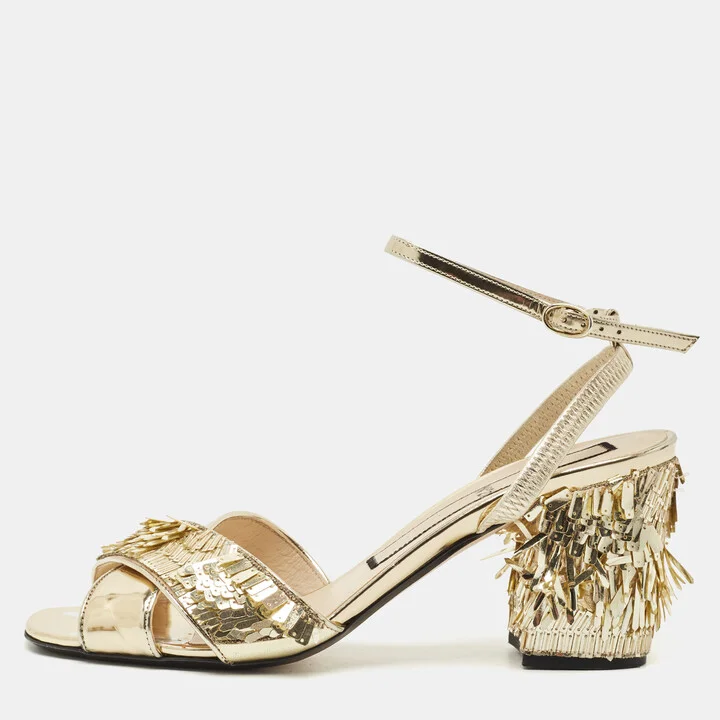 N°21 Gold Leather Sequinned Block Heel Ankle Strap Sandals Size 39