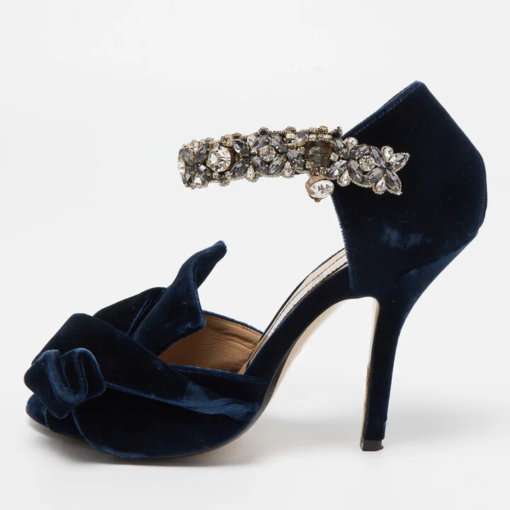 N°21 Navy Blue Velvet Crystal Embellished Ankle Strap Sandals Size 36