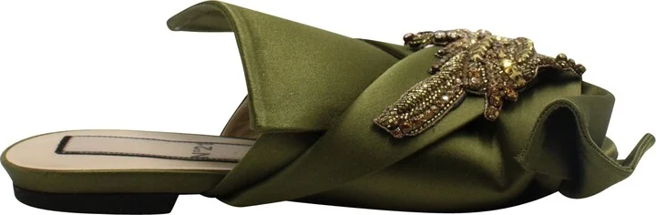 N.21 Raso Knot Flat Embellished Slides in Green Satin