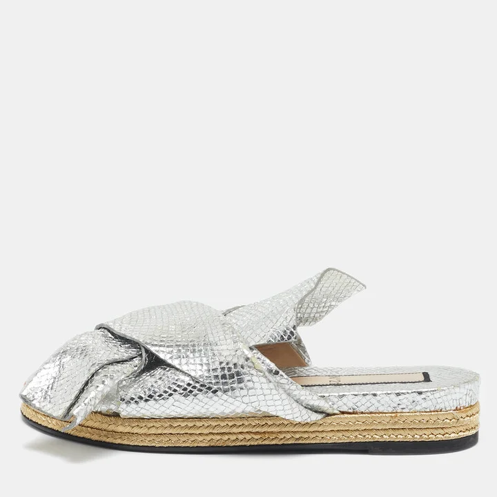 N°21 Silver Python Embossed Leather Knot Espadrille Flat Mules Size 39.5