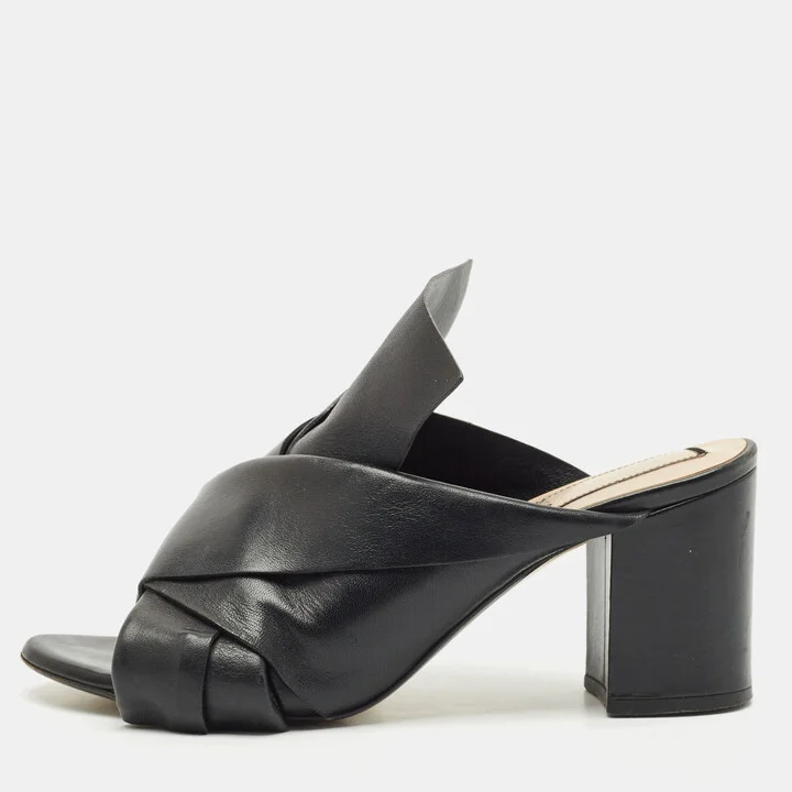 N21 Black Leather Knot Block Heel Slide Sandals Size 37.5