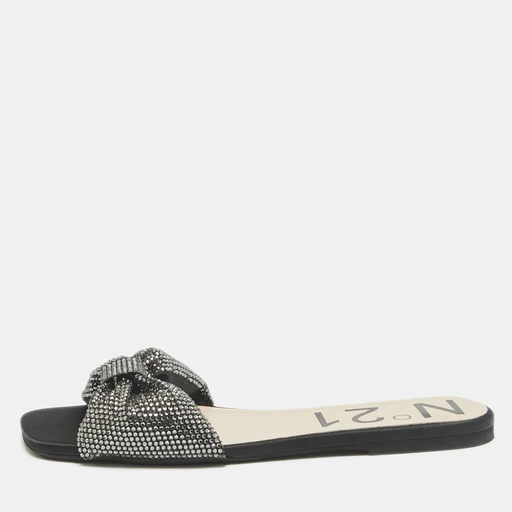 N21 Black Satin Crystal Embellished Bow Flat Slides Size 39