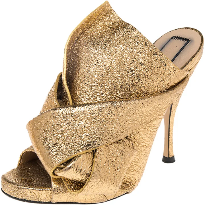 N21 Glitter Knot Gold Crackled Leather Mule Sandals Size 36