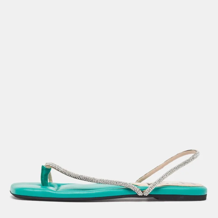 N21 Green Leather Crystal Embellished Slingback Sandals Size 38.5