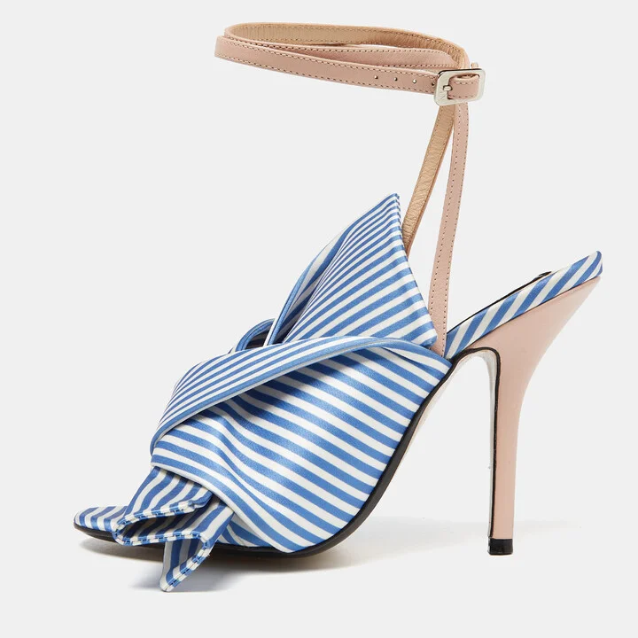 N21 Tricolor Striped Satin and Leather Knotted Ankle Strap Sandals Size 37.5
