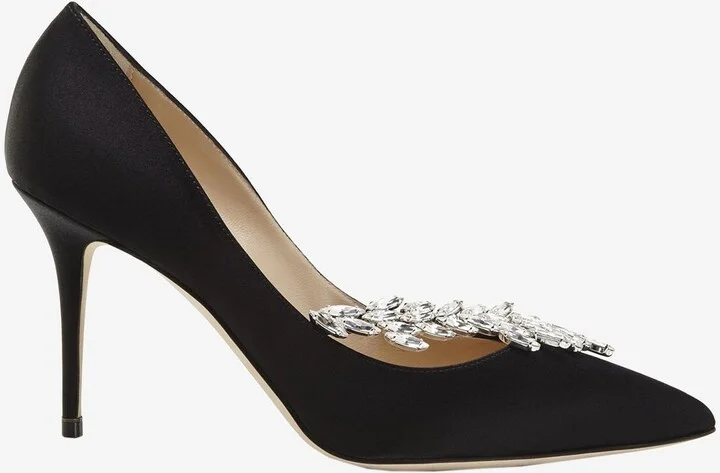 Nadira 90 Satin Pumps with Crystal Leaf Embellishment