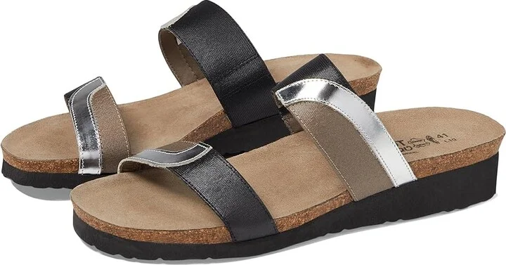 Naot Frankie Women's Shoes Silver Mirror Leather/Gloss Black Stretch/Khaki Patina Elastic : EU 36 (US Women's 5) M