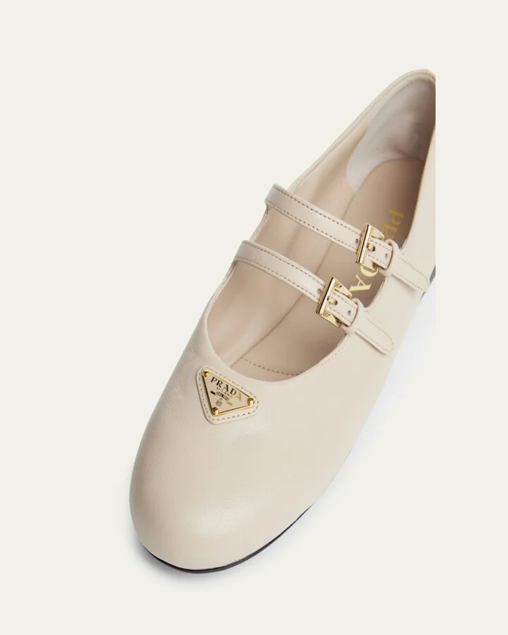 Nappa Leather Double-Strap Triangle Logo Ballerina Flats - Image 7