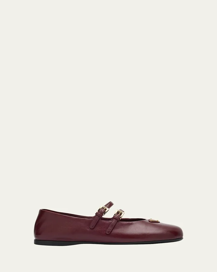 Nappa Leather Double-Strap Triangle Logo Ballerina Flats
