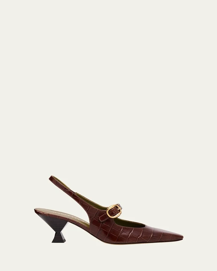 Natalia Croc-Embossed Leather Mary Jane Slingback Pumps