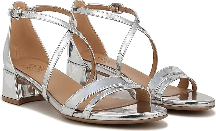 Naturalizer June Strappy Low Block Heel Dress Sandal Women's Sandals Silver Faux Leather : 8.5 M (B)