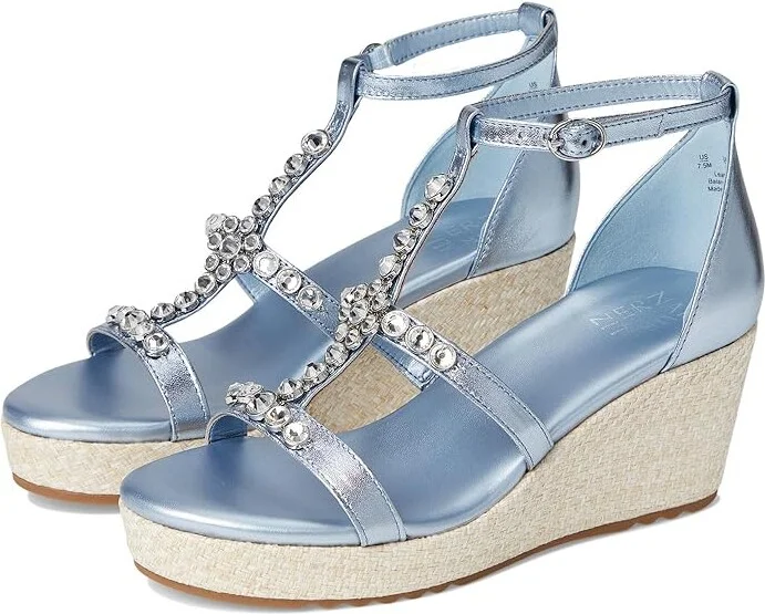 Naturalizer Serena Ankle Straps Women's Sandals Light Blue Metallic Leather : 7 W (C), Rubber/Synthetic