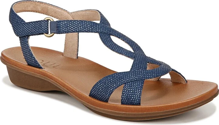 Naturalizer SOUL Women's Solo Flat Sandal Blue Textured Fabric 5 M