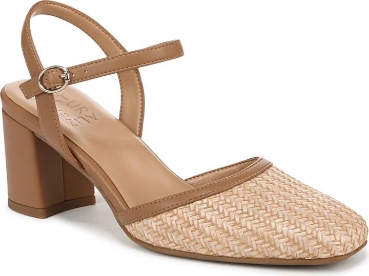 Naturalizer Wave Square Toe Ankle Strap Pumps - Tan Multi Woven Straw/Faux Leather