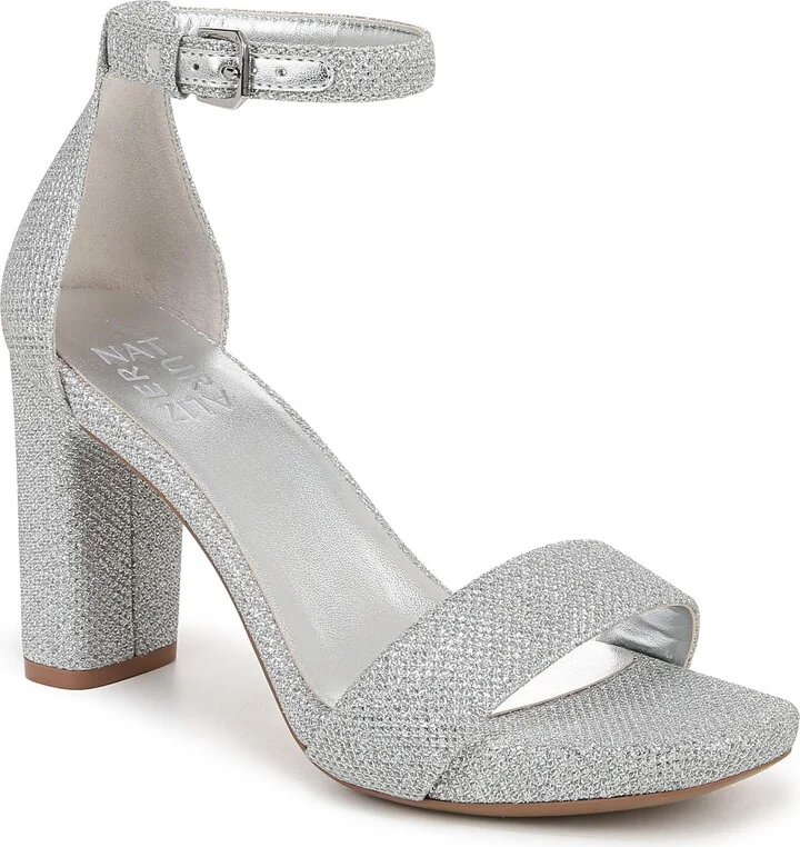 Naturalizer Womens Joy Ankle Strap Heeled Dress Sandal Silver Metallic Fabric 7.5 W