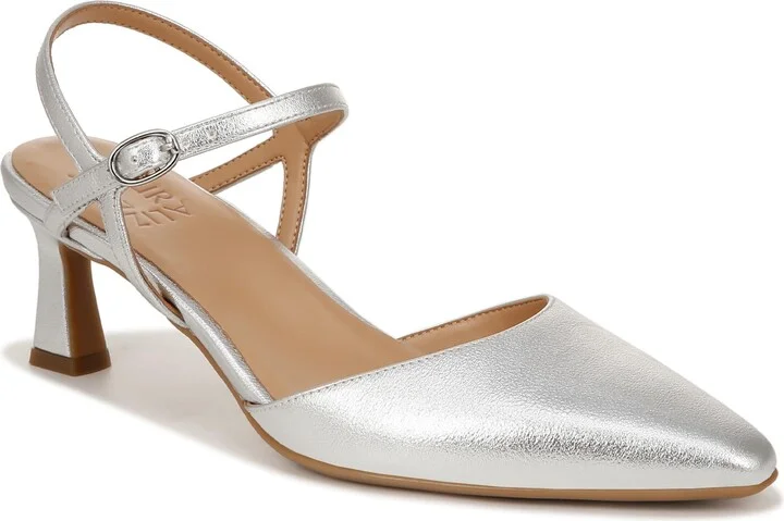 Naturalizer Womens Tara Pointed Toe Kitten Heel Ankle Strap Pump Silver Metallic 5.5 M