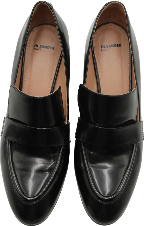 Navy Block-Heel Loafers in Black Leather