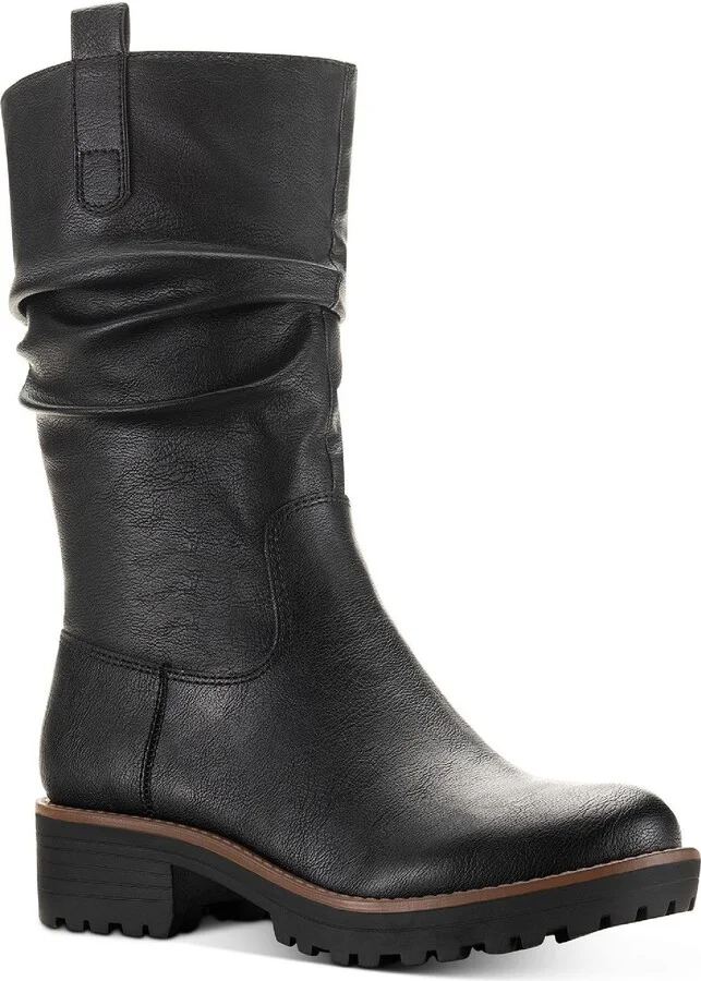 Nellieep Womens Faux Leather Lug Sole Mid-Calf Boots