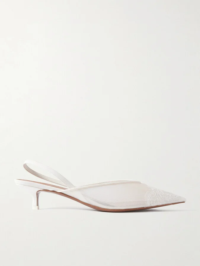 NEOUS - Irena Satin And Lace-trimmed Mesh Slingback Pumps - Cream
