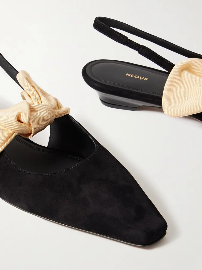 NEOUS - Uba Bow-embellished Faille And Suede Slingback Flats - Black - Image 4